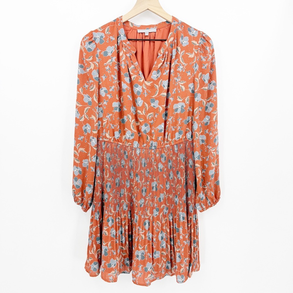 Daniel Rainn Petite Orange Floral Pleated Long Sleeve Dress PL Feminine Romantic